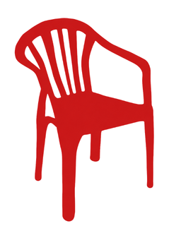 A red monobloc chair, hand-painted