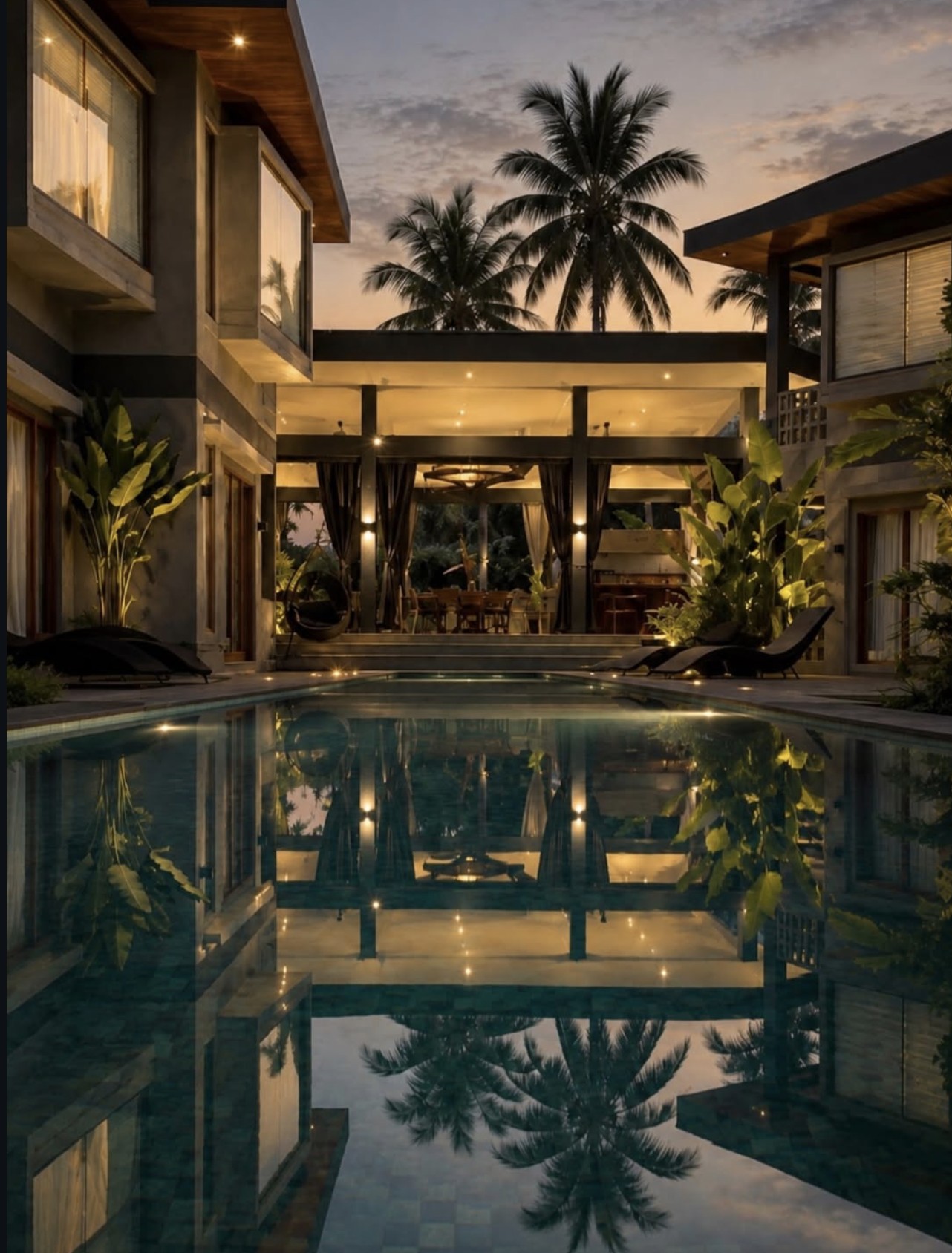 The pool at PULO House at dusk